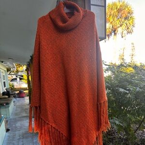 Cozy Orange Turtleneck Sweater Poncho
